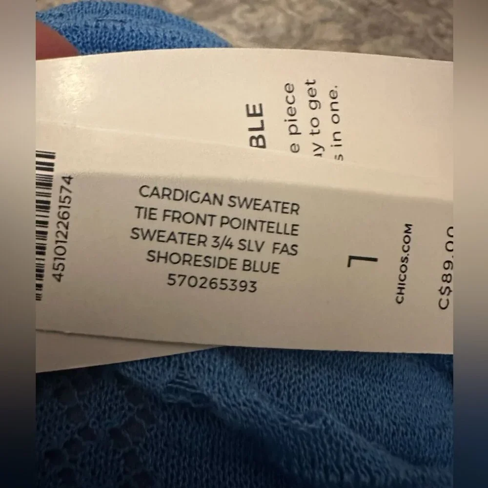 NWT Women’s Chico’s Open Cardigan Large/sz 2 The Front Pointelle 3/4 Sleeve $80 - Picture 9 of 9